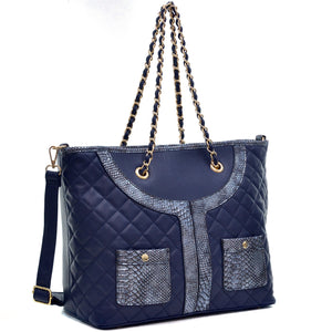 Dasein® Faux Leather Quilted Tote Bag with Snak Embossed Trim