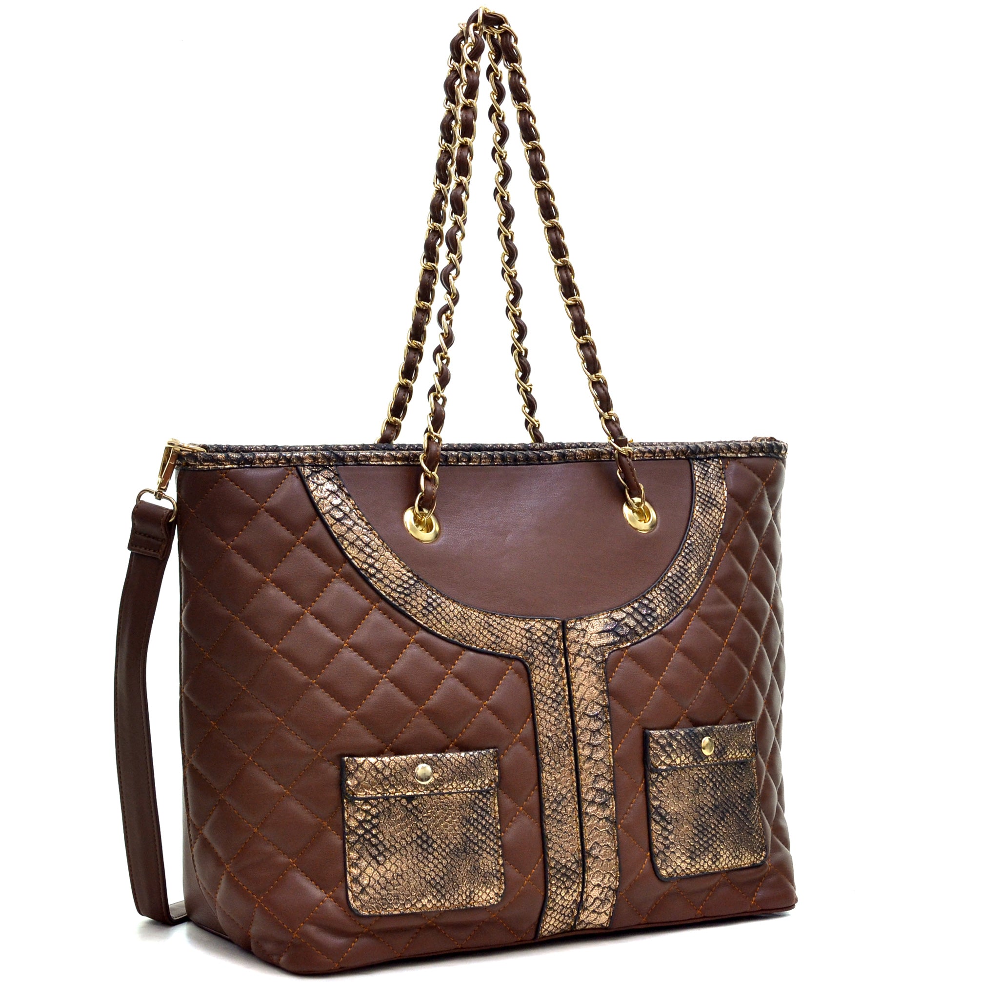 Dasein® Faux Leather Quilted Tote Bag with Snak Embossed Trim