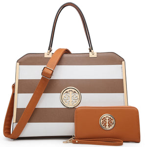 Dasein Striped Faux Leather Briefcase with Matching Wallet