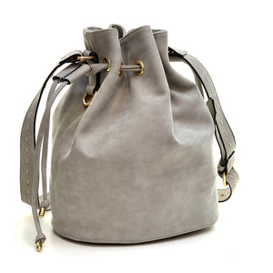 Dasein Distressed Faux Leather Drawstring Bucket Bag - Gray