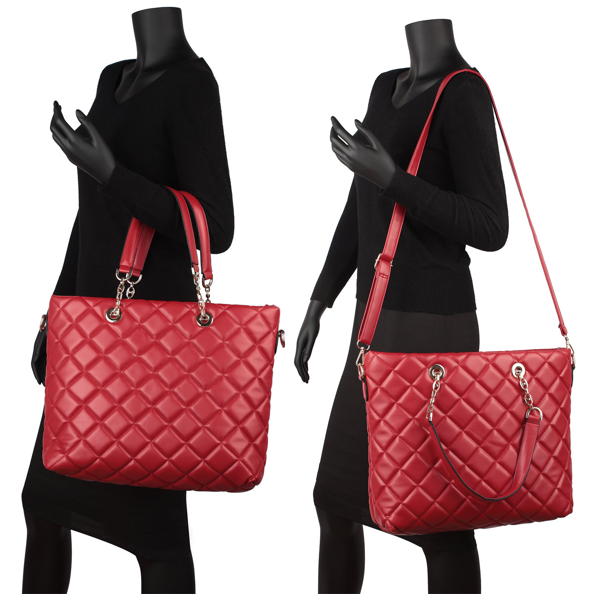 Dasein Faux Leather Quilted Tote Bag with Chained Handles