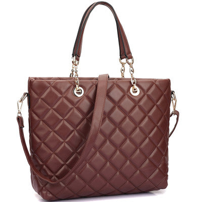 Dasein Faux Leather Quilted Tote Bag with Chained Handles