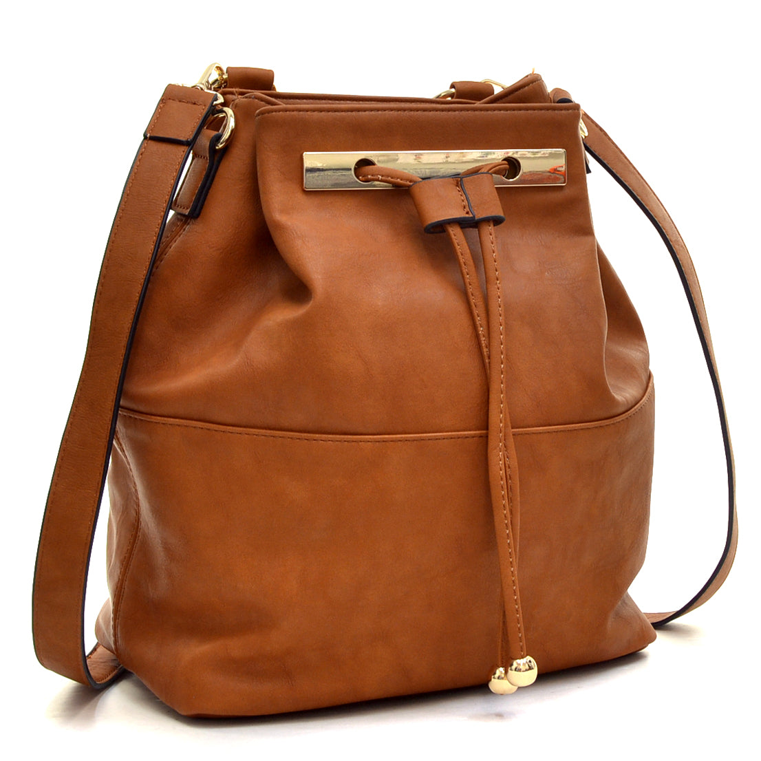 Dasein Faux Leather Convertible Drawstring Bucket Bag and Backpack - Brown