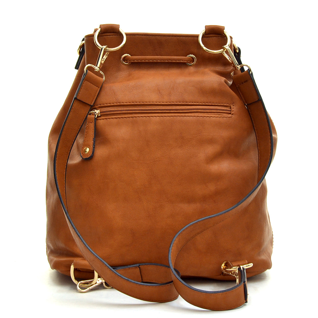 Dasein Faux Leather Convertible Drawstring Bucket Bag and Backpack - Brown