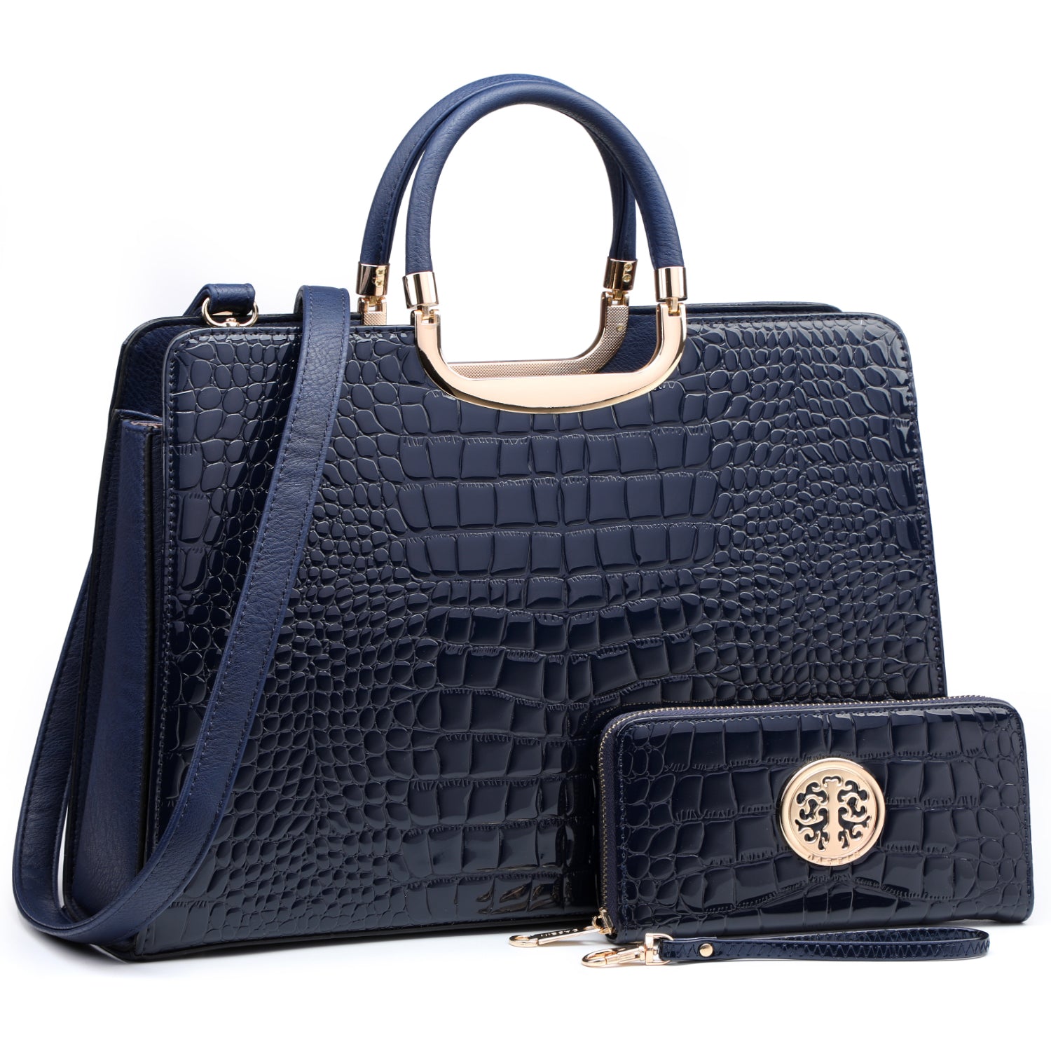 Dasein Patent Croco Print Briefcase with Matching Wallet - Blue