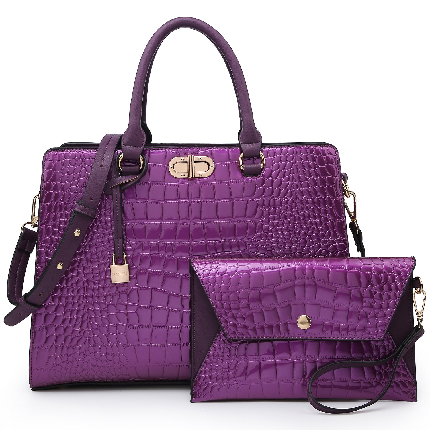 Dasein Cro Leather Satchel with Twist Lock  Front Compartment, Dangling Padlock deco, and with Matching Wristlet