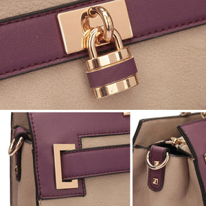 Faux Leather Two Tone Padlock & Key Satchel with Shoulder Strap