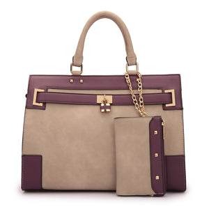 Faux Leather Two Tone Padlock & Key Satchel with Shoulder Strap