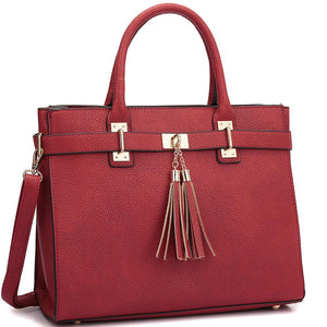 Dasein Faux Leather Double Tassel Satchel with Shoulder Strap - RED