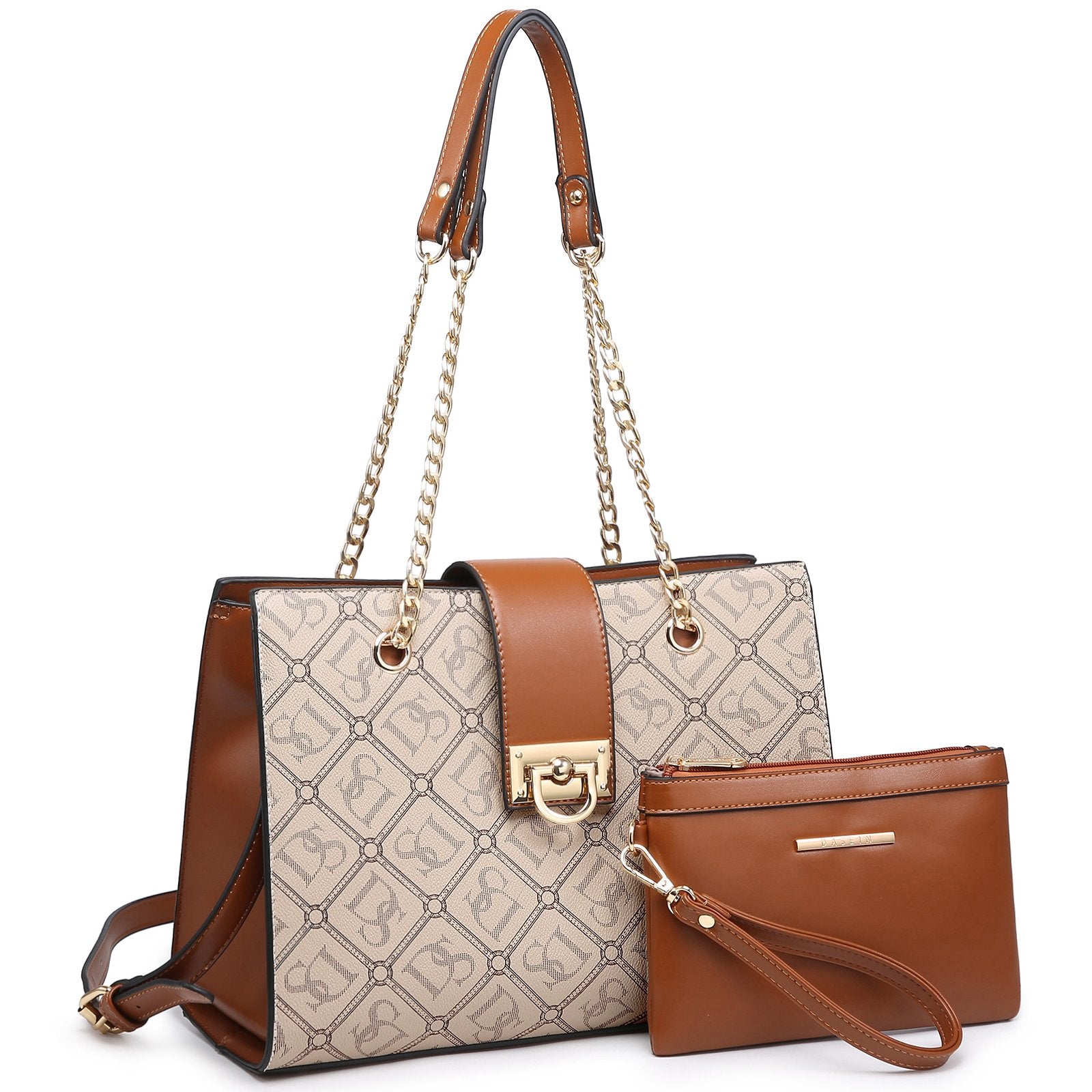 Dasein Monogram/Signature Logo Faux Leather Satchel with Gold Chain Strap and with Matching Wristlet