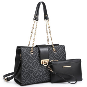 Dasein Monogram/Signature Logo Faux Leather Satchel with Gold Chain Strap and with Matching Wristlet