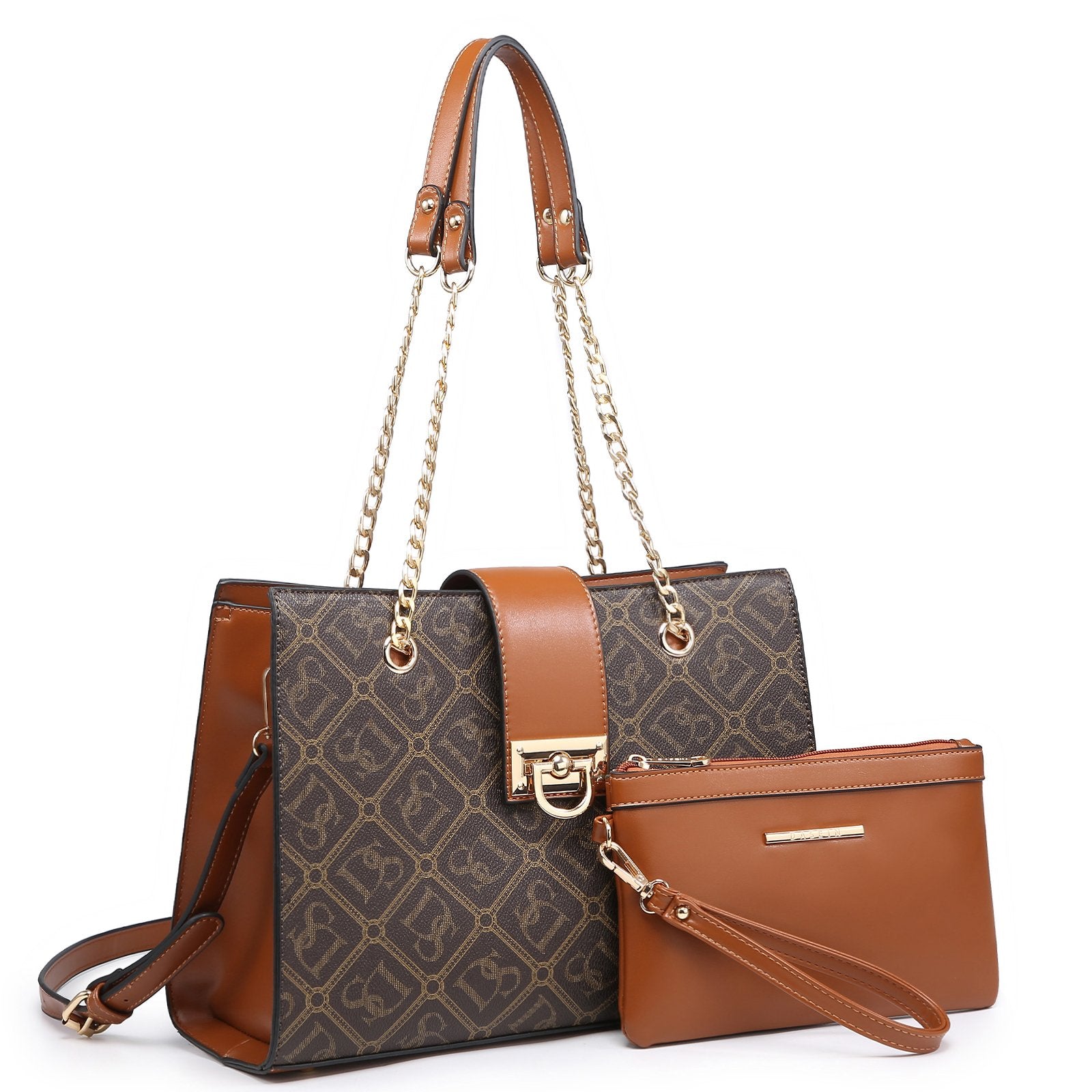 Dasein Monogram/Signature Logo Faux Leather Satchel with Gold Chain Strap and with Matching Wristlet