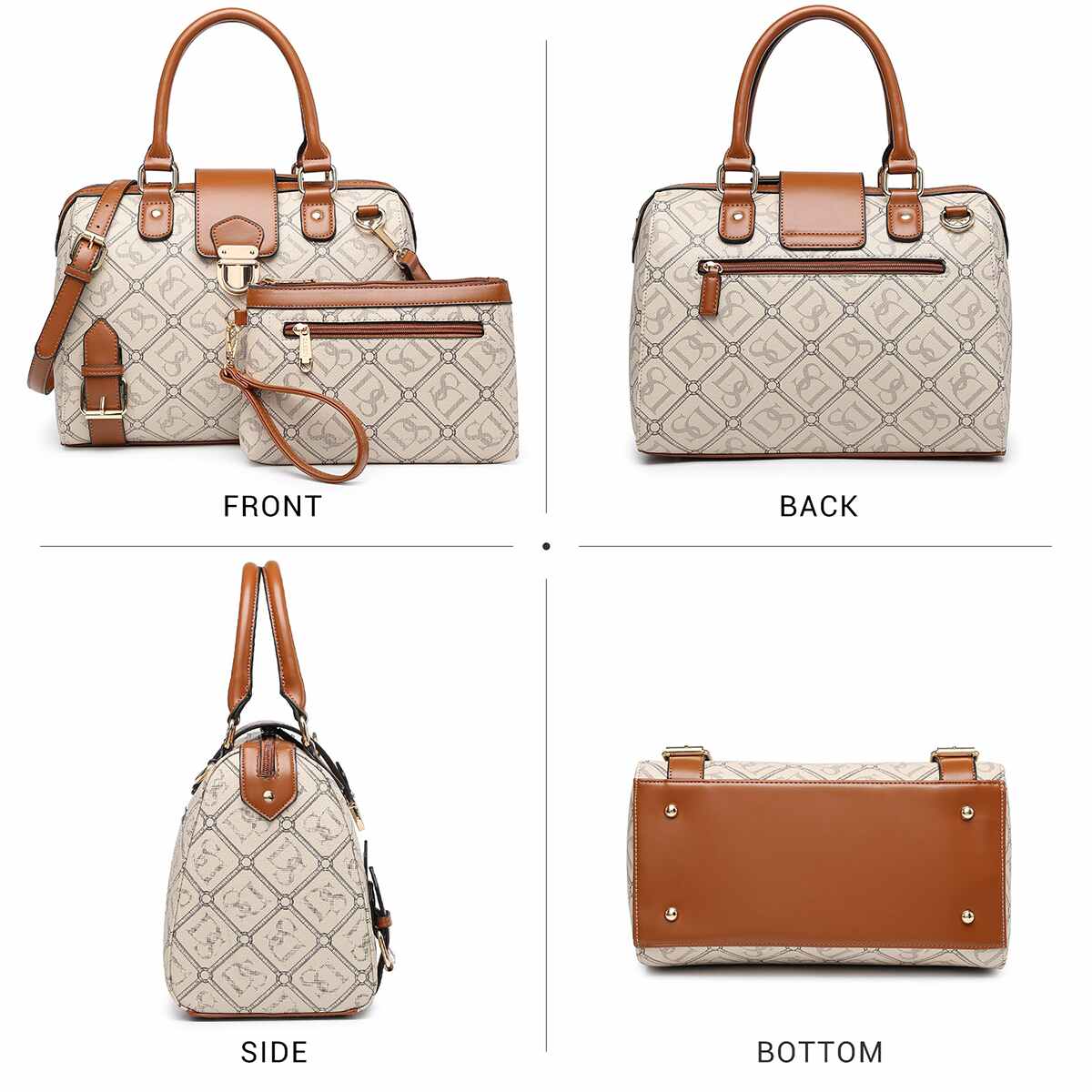 Dasein Signature/Monogram Structured Satchel with Buckle Snap Zipped Top Closure and with Matching wristlet