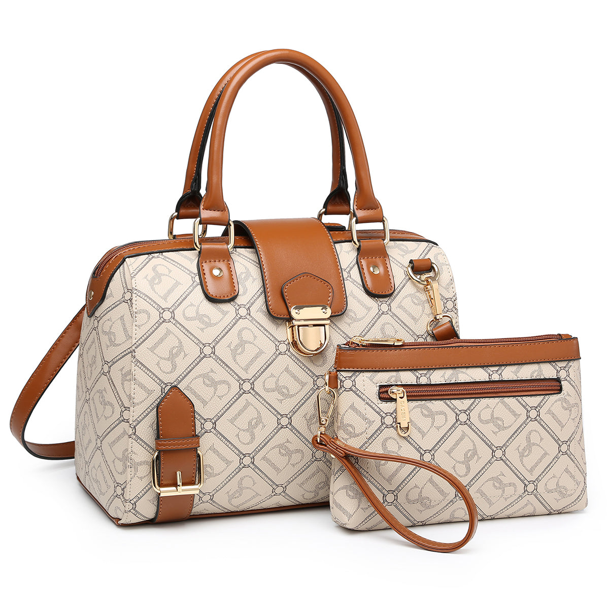 Dasein Signature/Monogram Structured Satchel with Buckle Snap Zipped Top Closure and with Matching wristlet