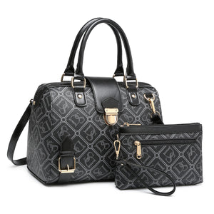 Dasein Signature/Monogram Structured Satchel with Buckle Snap Zipped Top Closure and with Matching wristlet