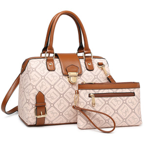 Dasein Signature/Monogram Structured Satchel with Buckle Snap Zipped Top Closure and with Matching wristlet