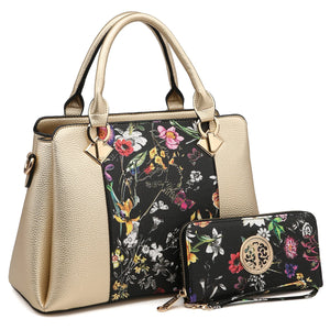 Dasein Two Tone Faux Leather Satchel with Matching Wallet -Gold/Black Flower