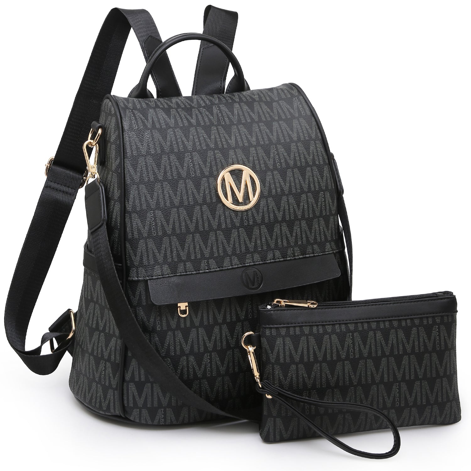 M 2-in-1, Monogram Logo with decorative Emblem, Faux Leather Multi Purpose Backpack/Handbag