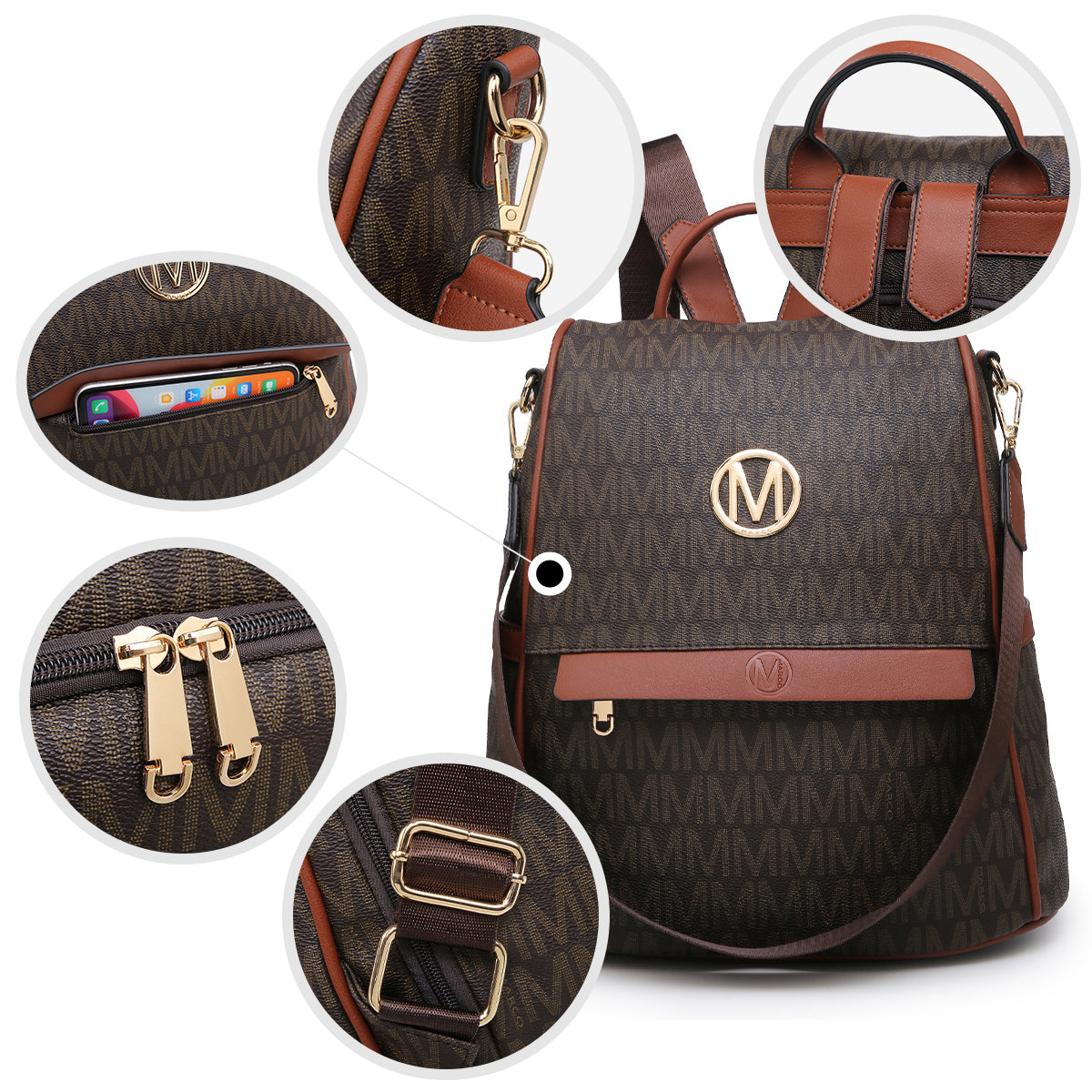 M 2-in-1, Monogram Logo with decorative Emblem, Faux Leather Multi Purpose Backpack/Handbag