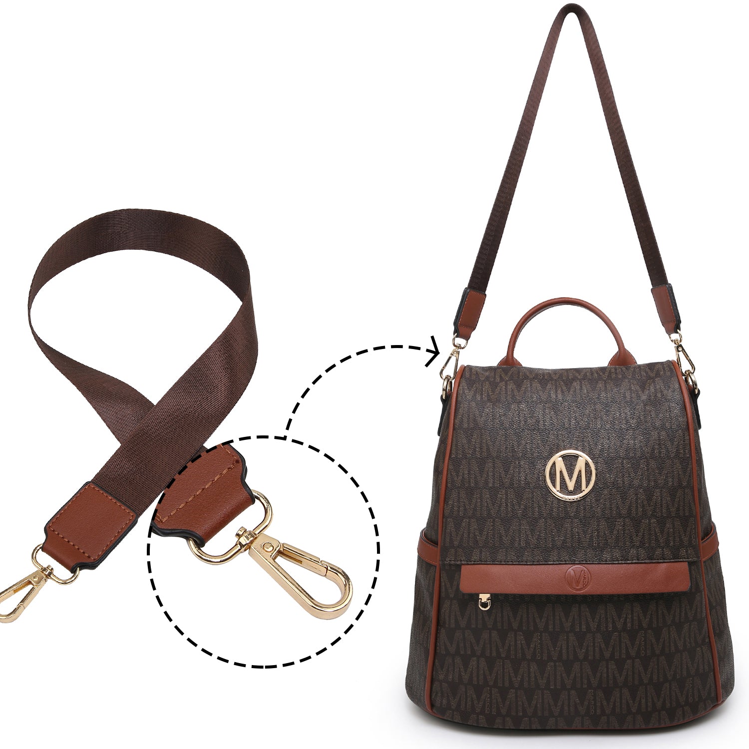 M 2-in-1, Monogram Logo with decorative Emblem, Faux Leather Multi Purpose Backpack/Handbag