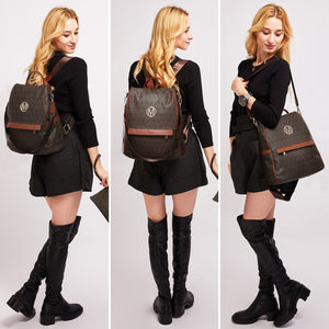 M 2-in-1, Monogram Logo with decorative Emblem, Faux Leather Multi Purpose Backpack/Handbag