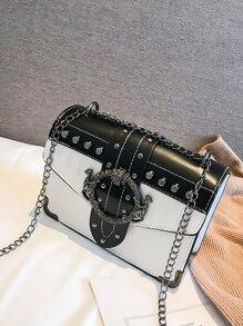 Buckle Decor Flap Chain Bag - BLACK AND WHITE - GFM US