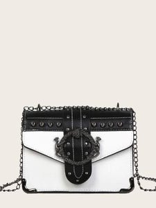 Buckle Decor Flap Chain Bag - BLACK AND WHITE - GFM US