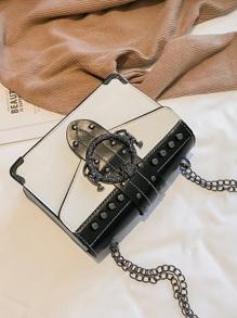 Buckle Decor Flap Chain Bag - BLACK AND WHITE - GFM US