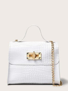 Croc Embossed Turn-lock Satchel Bag - White - GFM US