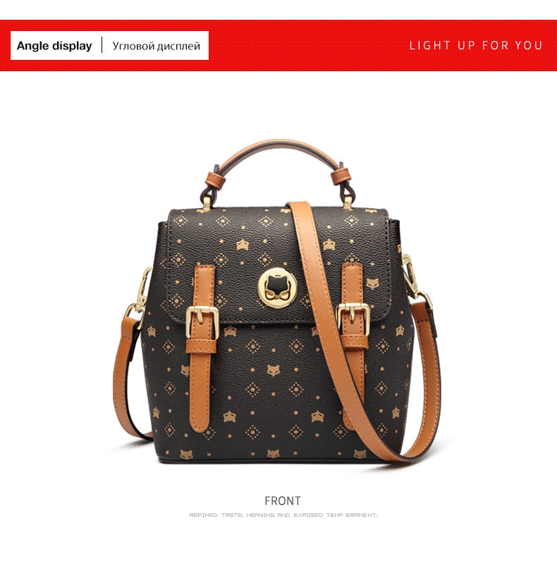 FOXER PVC Leather Crossbody Shoulder Bag Monogram Printing Backpack Classical Signature Woman Purse Female Tote - BROWN