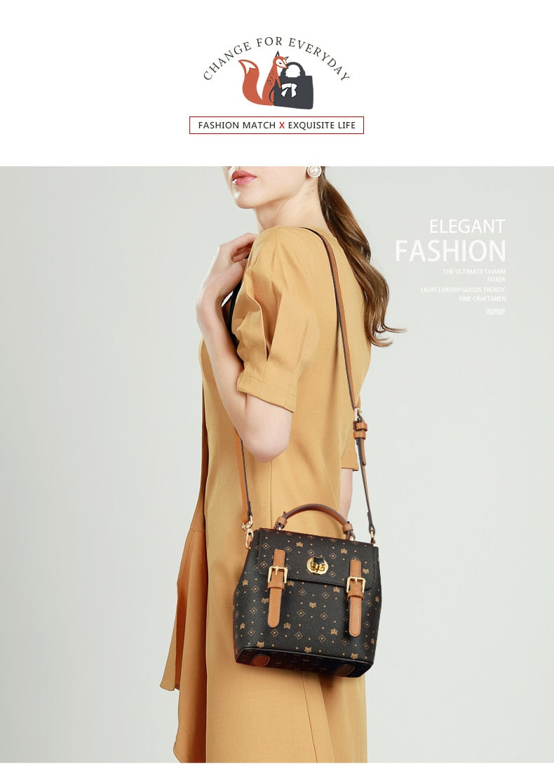 FOXER PVC Leather Crossbody Shoulder Bag Monogram Printing Backpack Classical Signature Woman Purse Female Tote - BROWN