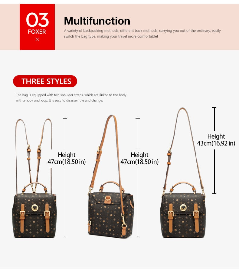 FOXER PVC Leather Crossbody Shoulder Bag Monogram Printing Backpack Classical Signature Woman Purse Female Tote - BROWN