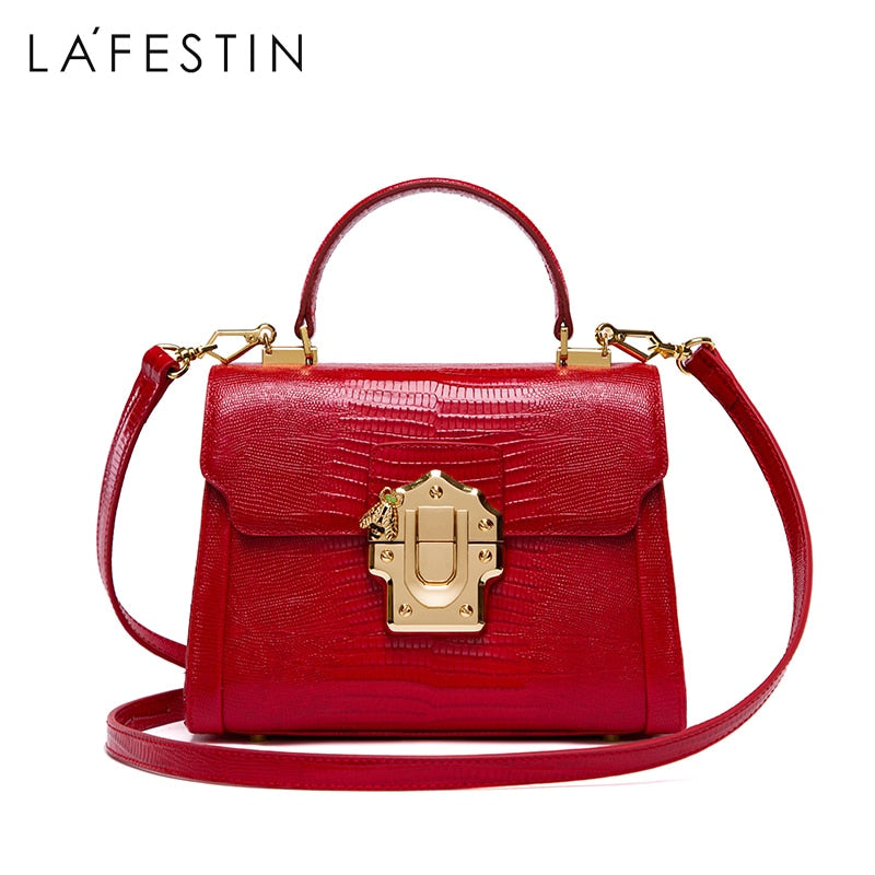 LA FESTIN Luxury Designer Serpentine Lock Split Leather Crossbody ShoulderBag - Big Size