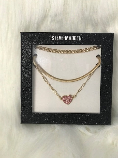 Steve Madden 14K Gold Flash Plated Crystal Heart 3-Piece Layered Chain Necklace Set with Extender